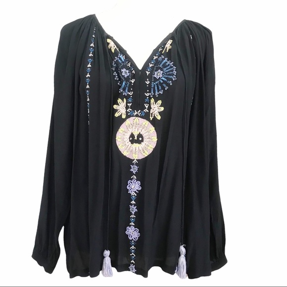 Antik Batik Tops - ANTIK BATIK BLACK CREPE V-NECK COLOURFUL EMBELLISHED HOOK & EYE BLOUSE